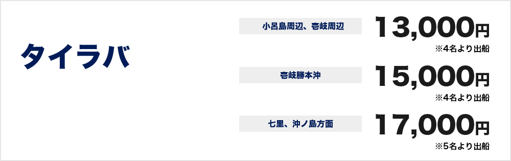 タイラバ　小呂島周辺、壱岐周辺　13000円※4名より出船　壱岐勝本沖 15000円※4名より出船　七里、沖ノ島方面　17000円※5名より出船