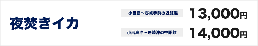 夜焚きイカ（小呂島〜壱岐手前の近距離）13000円　（小呂島沖〜壱岐沖の中距離）14000円